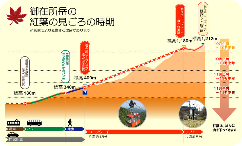 見ごろ時期　三重県内の紅葉スポット・紅葉名所　まとめ　11月上旬　11月中旬　11月下旬　12月上旬　赤目四十八滝　御在所岳　なばなの里　伊勢神宮内宮神苑　水沢もみじ谷　香落渓（かおちだに）